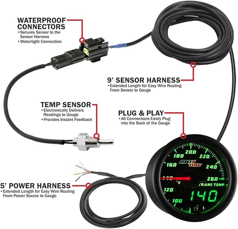 MaxTow Double Vision 260F Transmission Temperature Gauge Kit - Includes 1/8-27 NPT Electronic Sensor & Wiring - Black Dial - Green LED Lighting - Analog & Digital Readouts - for Trucks - 2-1/16" 52mm - Image 3